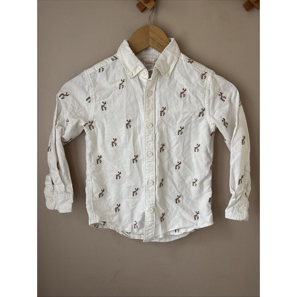 Gymboree Boys Reindeer Button Down Shirt Size 6 White Embroidered Cotton